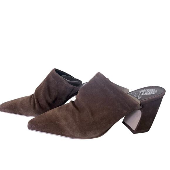 New Vince Camuto Carlie Suede Ruched Pointed Toe Block Heel Mule Brown 11M - Picture 2 of 7